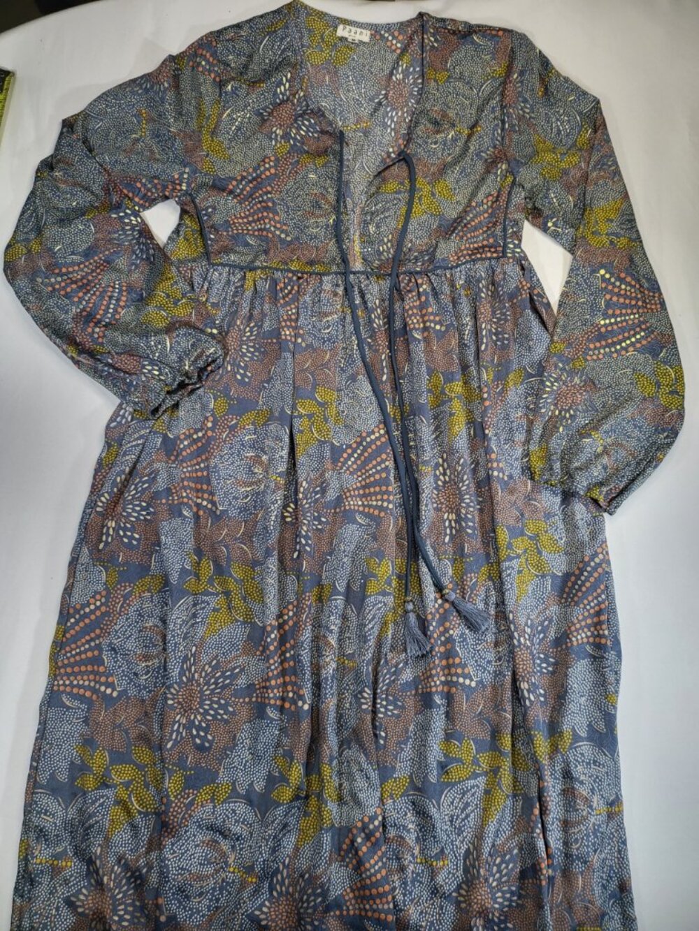 Paani Metallic Floral‎ Boho Dress – Size M, Long Sleeve, Tassel Tie Neckline